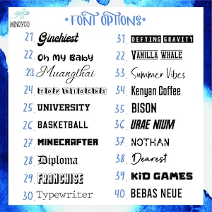 a list of various font options, including names and words, along with their corresponding font sizes. The font options are presented in a visually appealing manner, with a blue and white color scheme. The list includes names like "Ginchiest", "Defying Gravity", "Vanilla Whale", "Summer Vibes", "Kenyan Coffee", "BISON", "URAE NUM", "NOTHAN", "Dearst", "Kid Games", and "Bebas Neue".