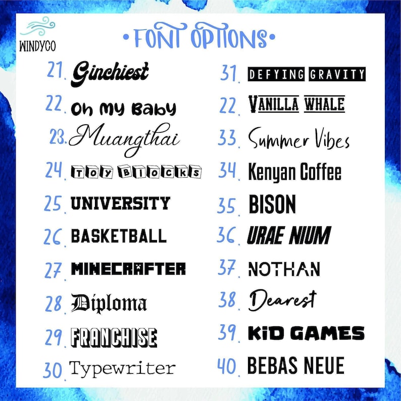 a list of various font options, including names and words, along with their corresponding font sizes. The font options are presented in a visually appealing manner, with a blue and white color scheme. The list includes names like "Ginchiest", "Defying Gravity", "Vanilla Whale", "Summer Vibes", "Kenyan Coffee", "BISON", "URAE NUM", "NOTHAN", "Dearst", "Kid Games", and "Bebas Neue".