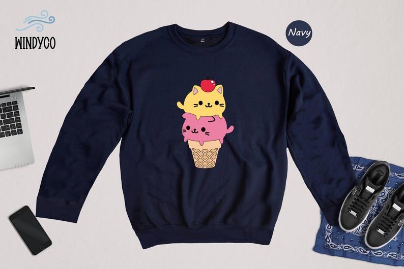 Kawaii Cat Ice Cream Shirt, Cute Cat Lover Tee, Funny Summer T-Shirt, Gift for Cat Mom, Kids Teens Adult Sizes image 8
