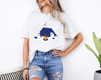Camping Ghost T-Shirt, Cute Halloween Campfire Design (S-XXL)