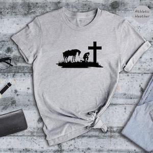 Cowboy with Horse Kneeling Praying at Memorial Cross Shirt, Cowboy Shirt, Horse Shirt, Horse Lover, Cowboy Tee, Wild West Shirts