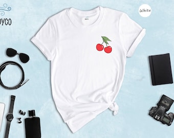 Cherry Pocket Shirt, Cute Cherry Graphic Tee, Fruit Print T-Shirt, Minimalist Summer Top, Gift for Her