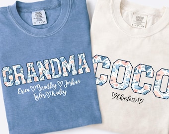 Camiseta personalizada Comfort Colors® para abuela, camiseta floral para abuela con nombres de nietos, regalo personalizado para abuela, regalo para el Día de la Madre, regalo para la abuela