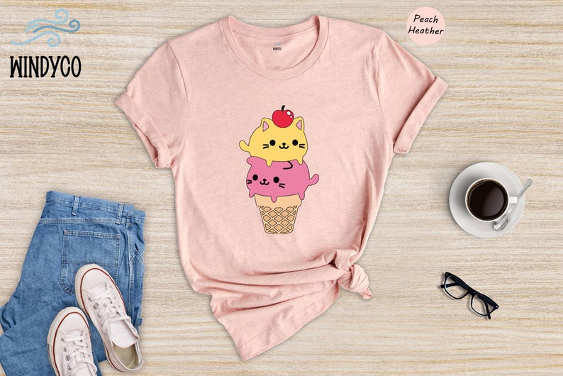 Kawaii Cat Ice Cream Shirt, Cute Cat Lover Tee, Funny Summer T-Shirt, Gift for Cat Mom, Kids Teens Adult Sizes image 3