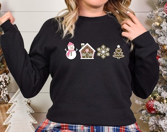 Christmas Gingerbread Sweatshirt, Snowman Snowflake Tree Sweater, Cute Winter Holiday Shirt, Gift for Mom Her