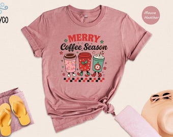Merry Coffee Season Christmas Shirt, Cute Retro Coffee Cups Tee, Holiday Barista Gift Top