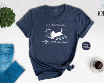 Cat Lover Shirt: Funny Cats and Books Design - Soft Cotton Tee
