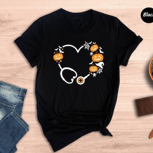 Halloween Nurse Shirt, Stethoscope Heart Pumpkin Design, Spooky Nurse Gift Tee