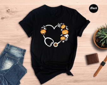 Halloween Nurse Shirt, Stethoscope Heart Pumpkin Design, Spooky Nurse Gift Tee