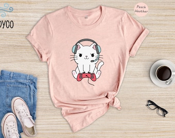 Gamer Cat Shirt: Cute and Funny Video Game Tee (Cotton)
