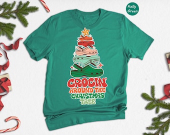 Crocin Around The Christmas Tree Shirt, Funny Croc Sandal Xmas Tee, Retro Groovy Holiday T-Shirt, Cute Christmas Gift for Her