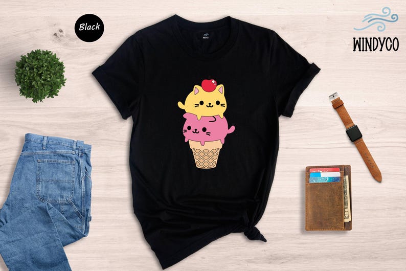 Kawaii Cat Ice Cream Shirt, Cute Cat Lover Tee, Funny Summer T-Shirt, Gift for Cat Mom, Kids Teens Adult Sizes image 4