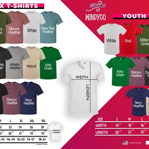 The image is a collage of various t-shirt designs, including different colors and styles, along with size and width information.