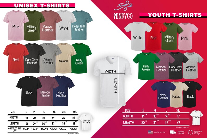 The image is a collage of various t-shirt designs, including different colors and styles, along with size and width information.