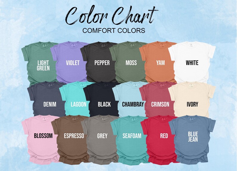 a collection of t-shirts in various colors, including green, purple, orange, white, black, lavender, mint, and teal.