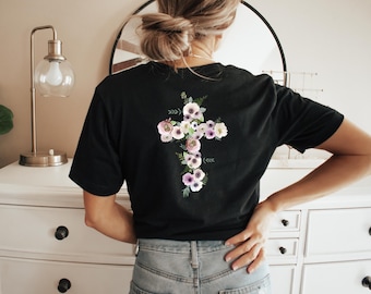 Floral Christian T-Shirt, Bible Verse Cross (Women’s S-XXL)