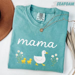 A turquoise t-shirt with a mother duck and her ducklings printed on it, along with a necklace and a hat.