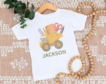 Personalized Dump Truck Back to School Shirt, Custom Name Kids Tee, School Supplies Graphic, Toddler Boy First Day Shirt