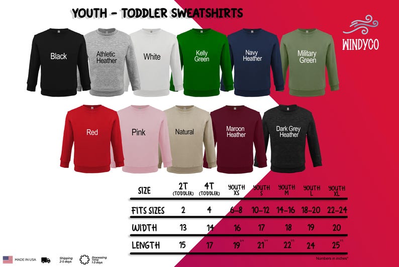 a collection of youth and toddler sweatshirts in various colors and sizes, arranged in a visually appealing manner.