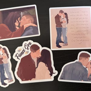 May include: A collection of stickers featuring illustrations of couples kissing and embracing. One sticker includes the text "Fiancé Era". Another sticker has a poem about love. The stickers are in various shapes and sizes.