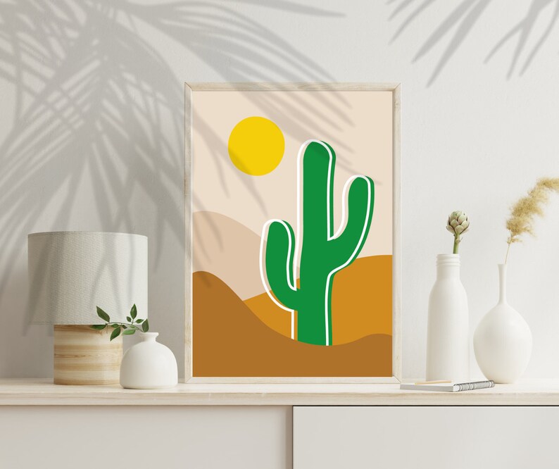 Kaktus in der Wüste Poster Postkarte Plakat DIN A3 A4 A5 A6 Grafikdatei Bild Selbstdrucken Druck optimiert Druckdatei VAJUS Landschaft Deko Sonne Dünen Sand grün braun gelb stylisch Wandbild Grafik Download sofort