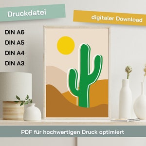 Kaktus in der Wüste Poster Postkarte Plakat DIN A3 A4 A5 A6 Grafikdatei Bild Selbstdrucken Druck optimiert Druckdatei VAJUS Landschaft Deko Sonne Dünen Sand grün braun gelb stylisch Wandbild Grafik Download sofort