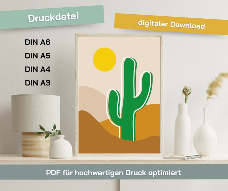 Kaktus in der Wüste Poster Postkarte Plakat DIN A3 A4 A5 A6 Grafikdatei Bild Selbstdrucken Druck optimiert Druckdatei VAJUS Landschaft Deko Sonne Dünen Sand grün braun gelb stylisch Wandbild Grafik Download sofort