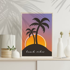 Beach vibes Poster Postkarte Plakat A3 A4 A5 A6 Grafikdatei Palmen Sonnenuntergang Bild Selbstdrucken Druck Druckdatei Download VAJUS