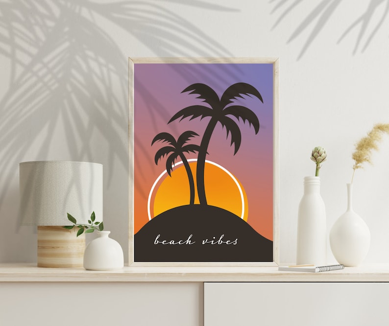 Beach vibes Poster Postkarte Plakat DIN A3 A4 A5 A6 Grafikdatei Palmen Sonnenuntergang Bild Selbstdrucken Druck optimiert (Druckdatei)