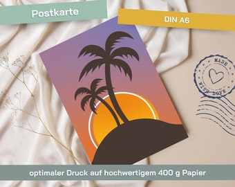 Postkarte Palmen im Sonnenuntergang für Strandliebhaber, Freunde der Sonne, Meer, Urlaub, Reiselust, zur Motivation von VAJUS Mediendesign