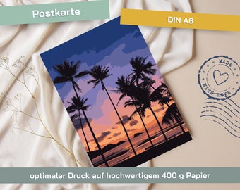Postkarte Grafik Palmen im Sonnenuntergang für Strandliebhaber, Freunde der Sonne, Meer, Urlaub, Reiselust, Motivation, VAJUS Mediendesign