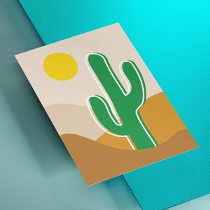 Kaktus in der Wüste Poster Postkarte Plakat DIN A3 A4 A5 A6 Grafikdatei Bild Selbstdrucken Druck optimiert Druckdatei VAJUS Landschaft Deko Sonne Dünen Sand grün braun gelb stylisch Wandbild Grafik Download sofort