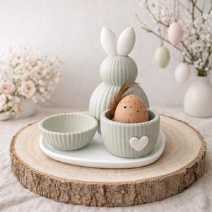 Könnte beinhalten: Eine österliche Dekoration mit einem hellgrünen Keramikhasen und passenden Schalen auf einem weißen Tablett. Ein geflecktes Ei liegt in einer Schale. Das Arrangement steht auf einer Holzscheibe, mit Ostereiern im Hintergrund.