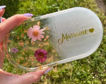 Tray - Empty pockets in customizable floral epoxy resin (gold vinyl writing)