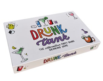 May include: A white box with the words "DRUNK tank" in rainbow colors. The box is labeled "The interactive party board drinking game".