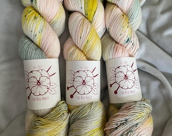 The Red Pansy Colorway “Lemon Blossom” Fingering Weight Hand-Dyed Yarn Sock Yarn
