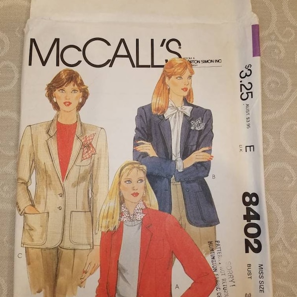 McCall's 8402 Vintage Sewing Pattern for Misses' Jacket - Copyright 1983 - Size 8 Bust 31.5