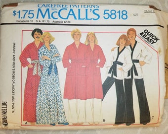 McCall's 5818 Vintage Sewing Pattern for Misses' and Men's Robe or Jacket and Pants - Copyright 1977 - Size Small