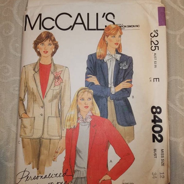 McCall's 8402 Vintage Sewing Pattern for Misses' Jacket - Copyright 1983 - Size 12 Bust 34