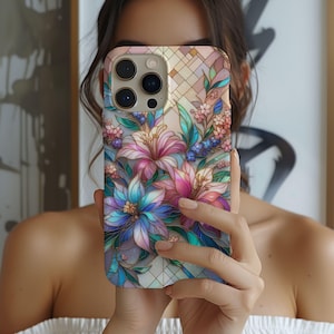 Stained Glass Look Lilies Phone Case, Floral Phone Case, Spring Flowers Tough Case, Nature Lover Accessory, Stained Glass Design iPhone 16