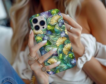自然愛好家のためのステンドグラス風イチョウの葉の携帯電話ケース、花柄の携帯電話カバー、植物技術アクセサリー、iPhone、Android、Samsung