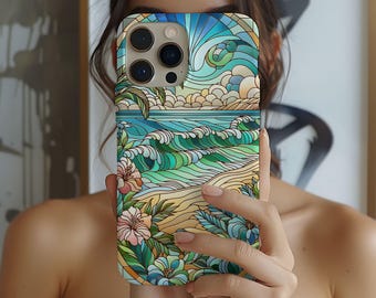 ステンドグラス風トロピカルウェーブiPhoneケース、海岸沿いのビーチデザイン、ボヘミアンフローラルカバー、夏らしいアクセサリー、ビーチ好きへのギフト