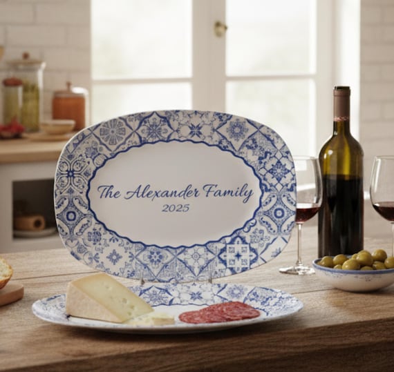 Personalized Mediterranean Style Tile Platter, Custom Family Name Plate, Personalized Wedding Gift, Custom Housewarming