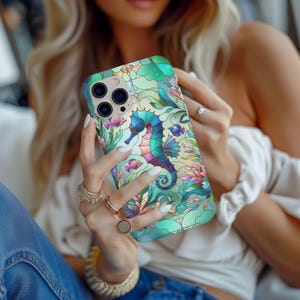 Stained Glass Style Seahorse Phone Case, Colorful Underwater Scene Phone Cover, Ocean Lover Gift, Stained Glass Look, iPhone 13 14 15 16