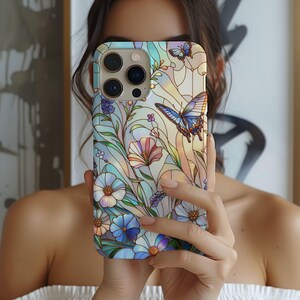 Stained Glass Look Floral Phone Case, Boho Flowers and Butterflies, Cottagecore, Spring Flowers iPhone Case, Butterfly Design, Tough Case
