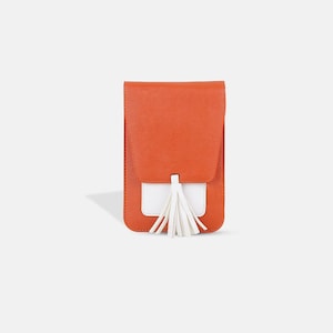 jus a juicy pak, crossbody bag, leather, orange/white crossbody bag, compact, clip to attach to belt/belt loop