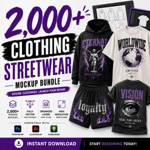 May include: A digital clothing streetwear mockup bundle featuring a black hoodie with an angel graphic, a white t-shirt with a globe design, black shorts with purple flames, and a black t-shirt with an eye graphic, all displayed with text.