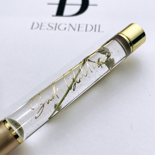 Personalisierter Kugelschreiber mit Schleierkraut und Epoxidharzfüllung in Gold, silber, weiß, rosegold inkl. Samtkordel