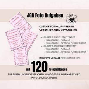 Könnte beinhalten: Ein rosa-weißes, druckbares Kartenset für einen Junggesellinnenabschied. Die Karten zeigen verschiedene Foto-Herausforderungen mit Text auf Deutsch. Der Text auf der Karte lautet "JGA Foto Aufgaben" und "Lustige Fotoaufgaben in verschiedenen Kategorien". Das Kartenset enthält 120 Foto-Herausforderungen.