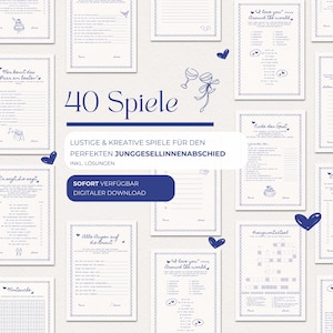 Può includere: Un set di 40 giochi stampabili per un addio al nubilato. I giochi sono progettati con uno schema di colori blu e bianco e presentano cuori e altre immagini legate al matrimonio. Il testo sulla pagina recita "40 Spiele" e "Lustige & Kreative Spiele für den perfekten Junggesellinnenabschied inkl. Lösungen".